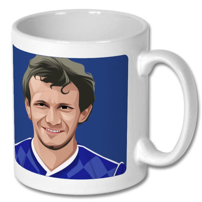 Retrotext Everton 1987 Division One Champions mug featuring a player illustration on a glossy white ceramic finish.