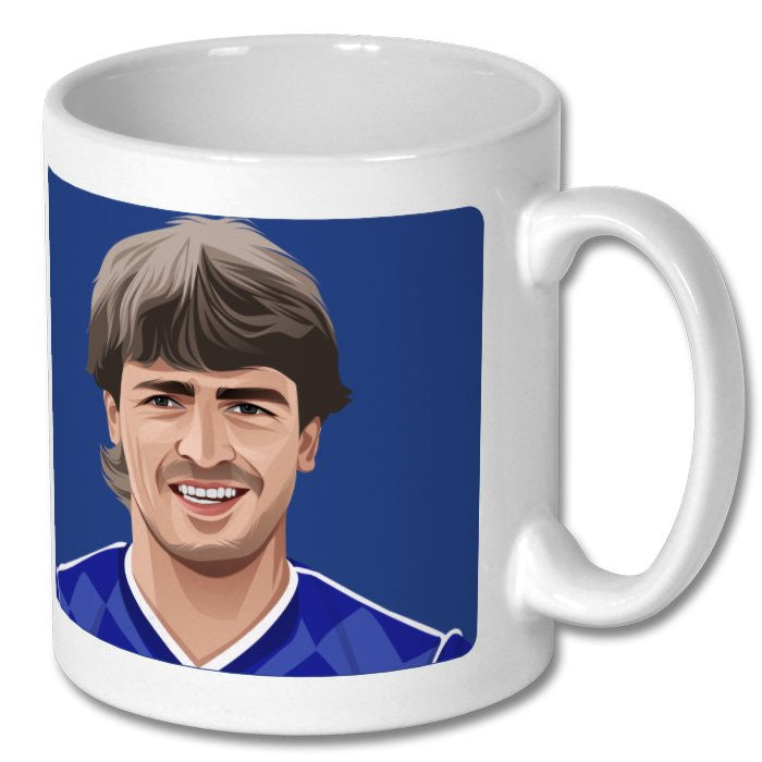 Retrotext white 11oz ceramic mug featuring a graphic illustration of an Everton 1987 football player in blue kit.