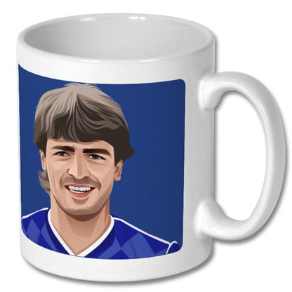 Retrotext white 11oz ceramic mug featuring a graphic illustration of an Everton 1987 football player in blue kit.