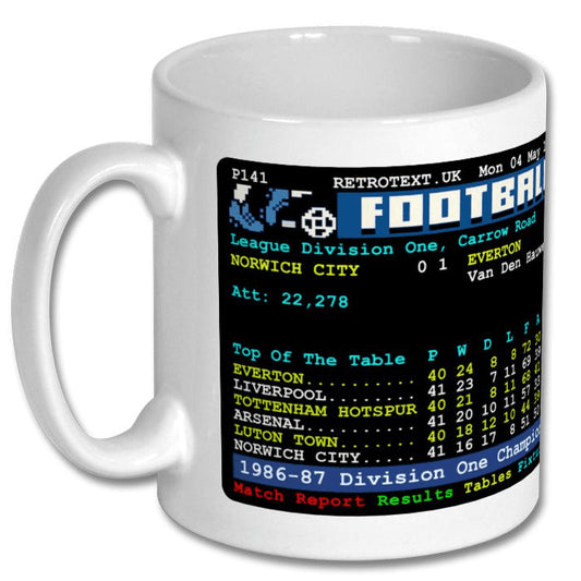 Retrotext white 11oz ceramic mug featuring an Everton 1987 Division One Champions teletext football league table design.