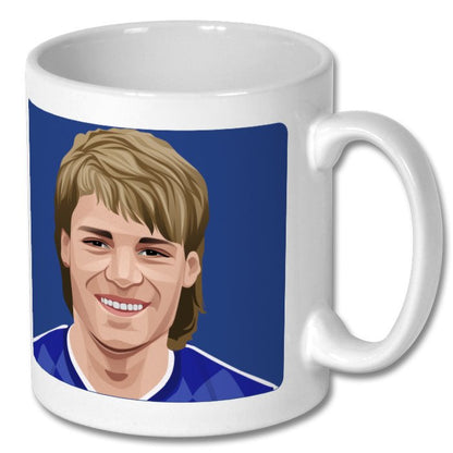 Retrotext Everton 1987 Division One Champions mug featuring a glossy white finish and a football player illustration