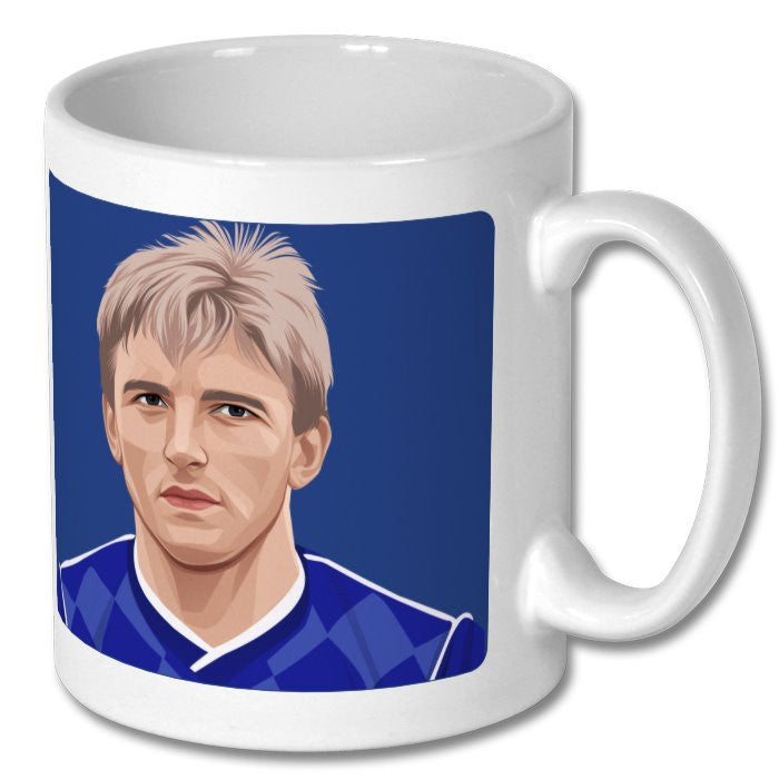 Retrotext white ceramic 11oz mug featuring a graphic illustration of an Everton 1987 football player in blue kit.