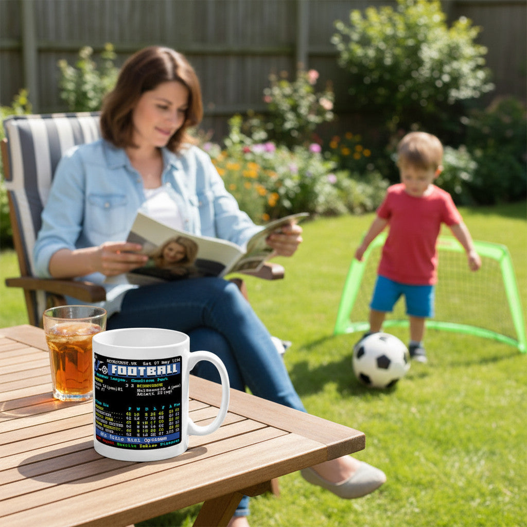 Retrotext Everton 1994 3-2 Wimbledon Teletext mug on a wooden garden table with a woman reading and child playing nearby.