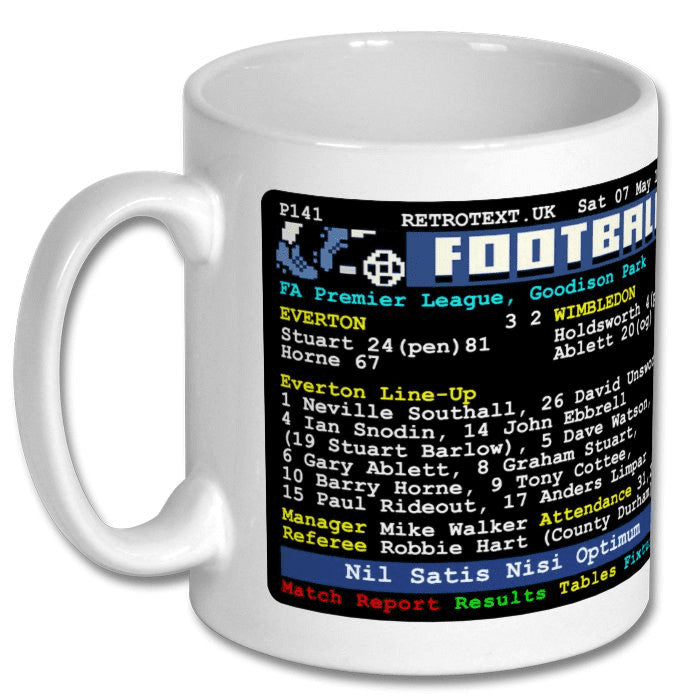 Retrotext Everton 1994 Great Escape match report ceramic mug with teletext style football score and team lineup