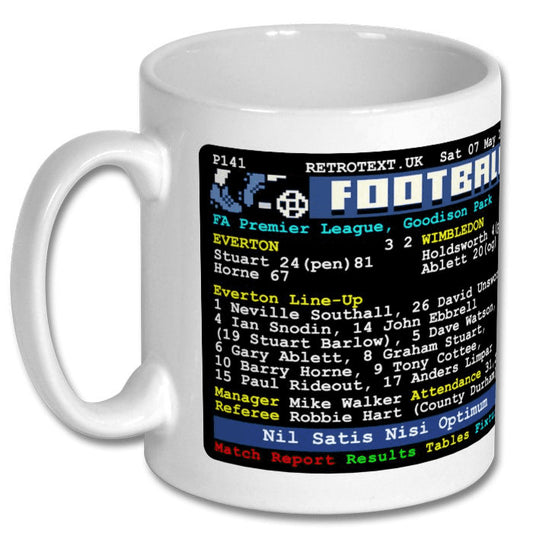 Retrotext Everton 1994 Great Escape match report ceramic mug with teletext style football score and team lineup