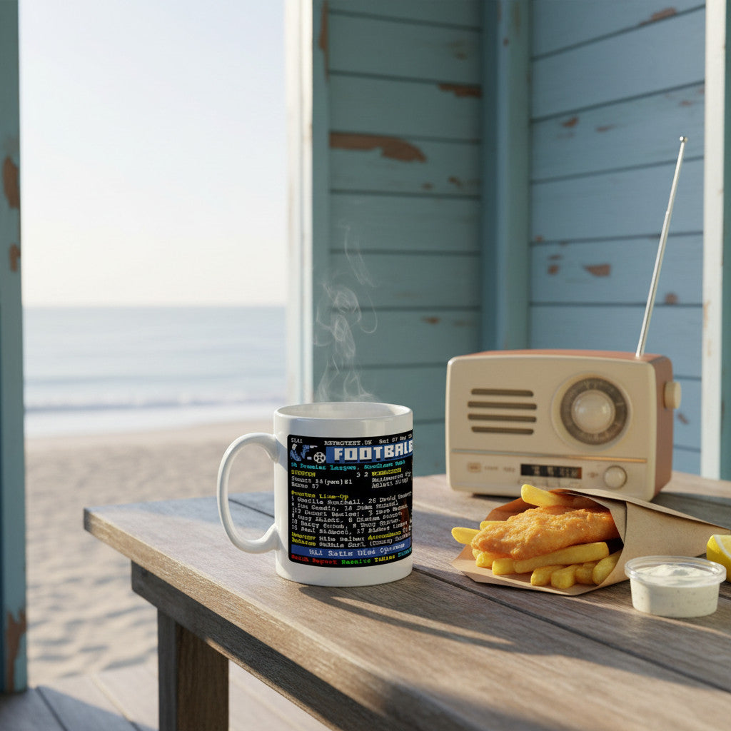 Retrotext Everton 1994 3-2 Wimbledon Teletext mug on a wooden table with fish and chips and a vintage radio by the beach