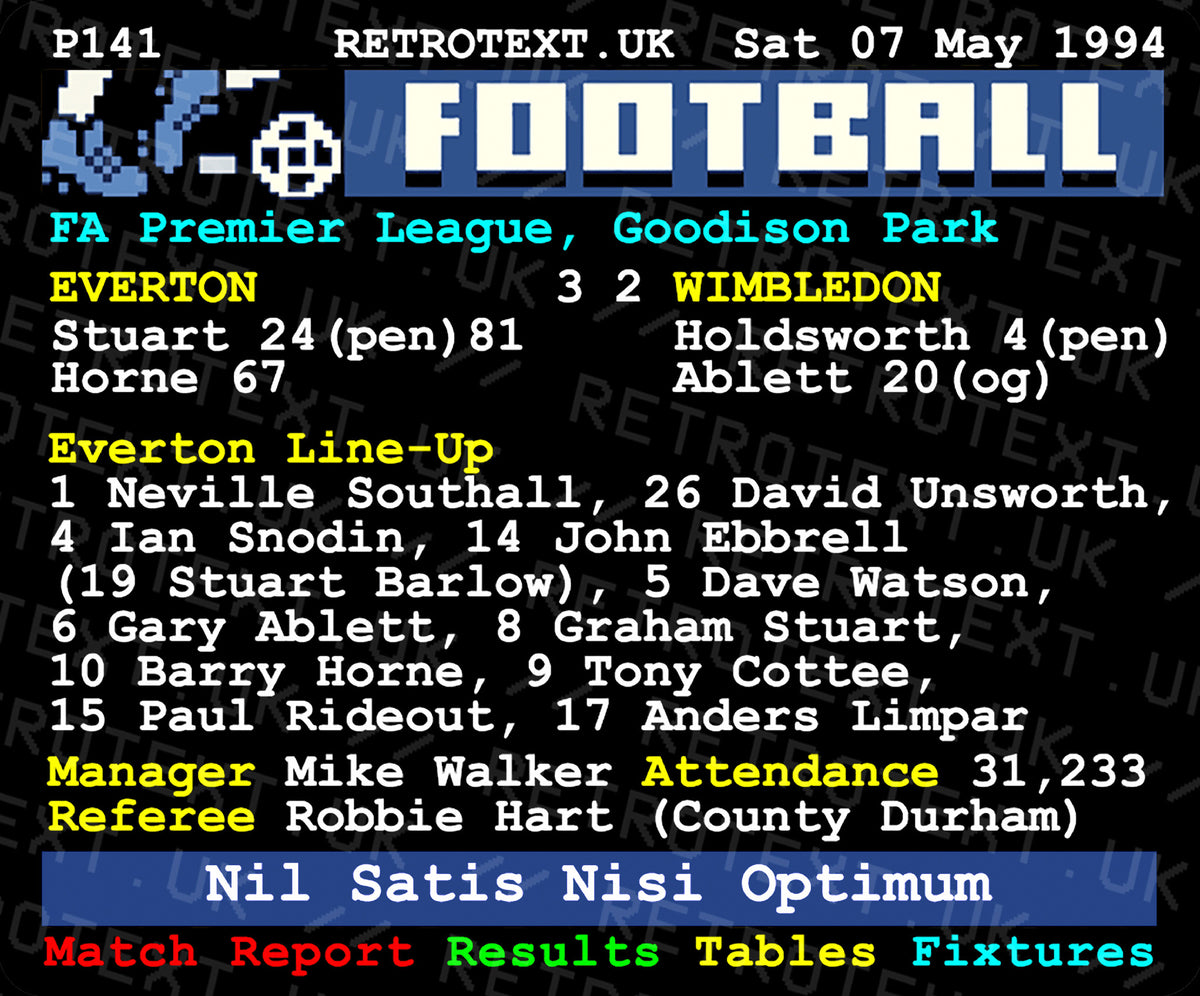 Retrotext Everton 1994 3-2 Wimbledon Teletext mug featuring a glossy white finish with classic football match stats.
