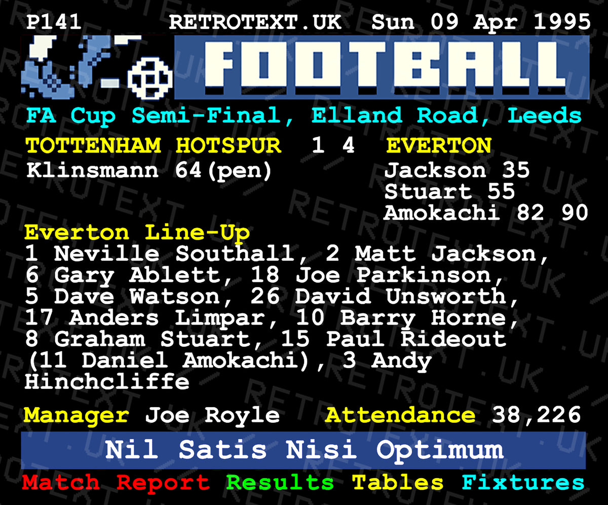 Retrotext Everton 1995 FA Cup semi-final teletext design mug featuring match stats and Daniel Amokachi scoreline