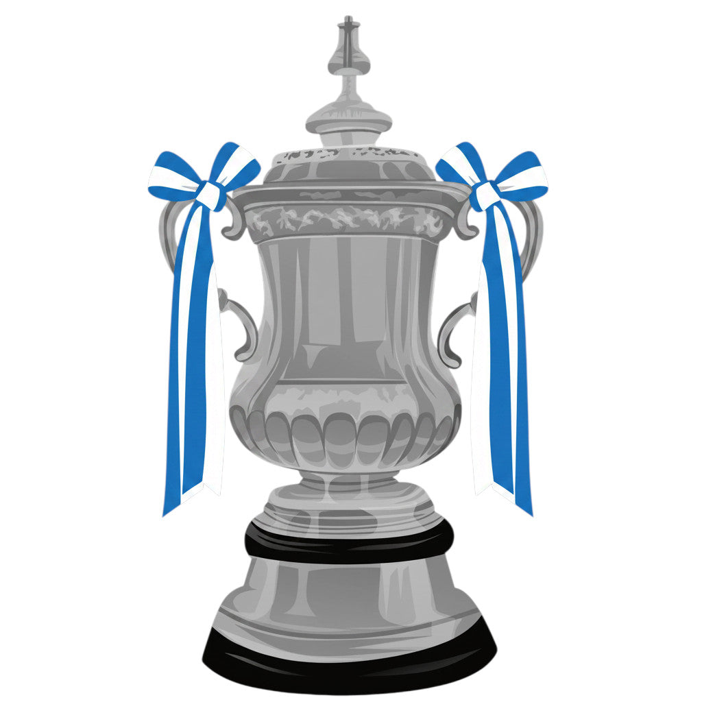 Retrotext Everton 1995 FA Cup trophy illustration with blue and white ribbons on a glossy white 11oz ceramic mug
