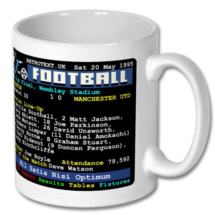 Retrotext Everton 1995 FA Cup winners mug featuring a vintage teletext style match report design on white ceramic.