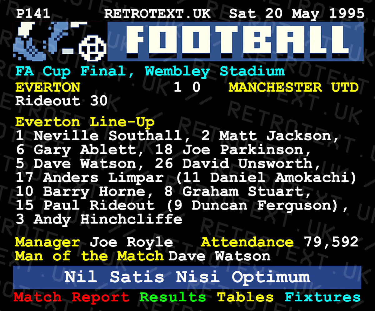 Retrotext Everton 1995 FA Cup winners mug featuring a vintage teletext match report design on a glossy white finish.