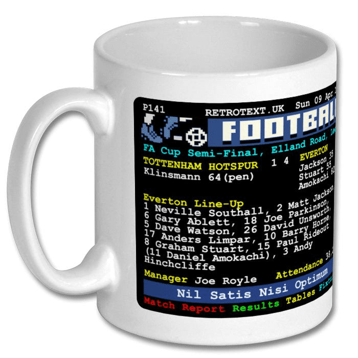 Retrotext Everton 1995 FA Cup semi-final Daniel Amokachi teletext design on a glossy white 11oz ceramic mug