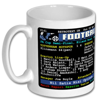 Retrotext Everton 1995 FA Cup semi-final Daniel Amokachi teletext design on a glossy white 11oz ceramic mug