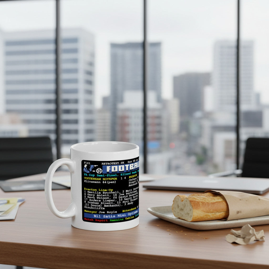 Retrotext Everton 1995 FA Cup semi-final Teletext design on a glossy white 11oz ceramic mug sitting on an office desk.