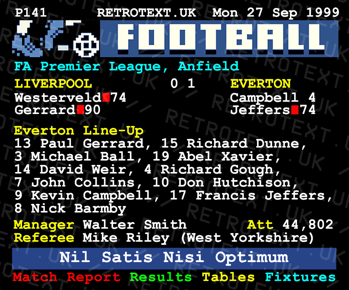 Retrotext Everton 1999 Kevin Campbell goal teletext design on a glossy white 11oz ceramic mug