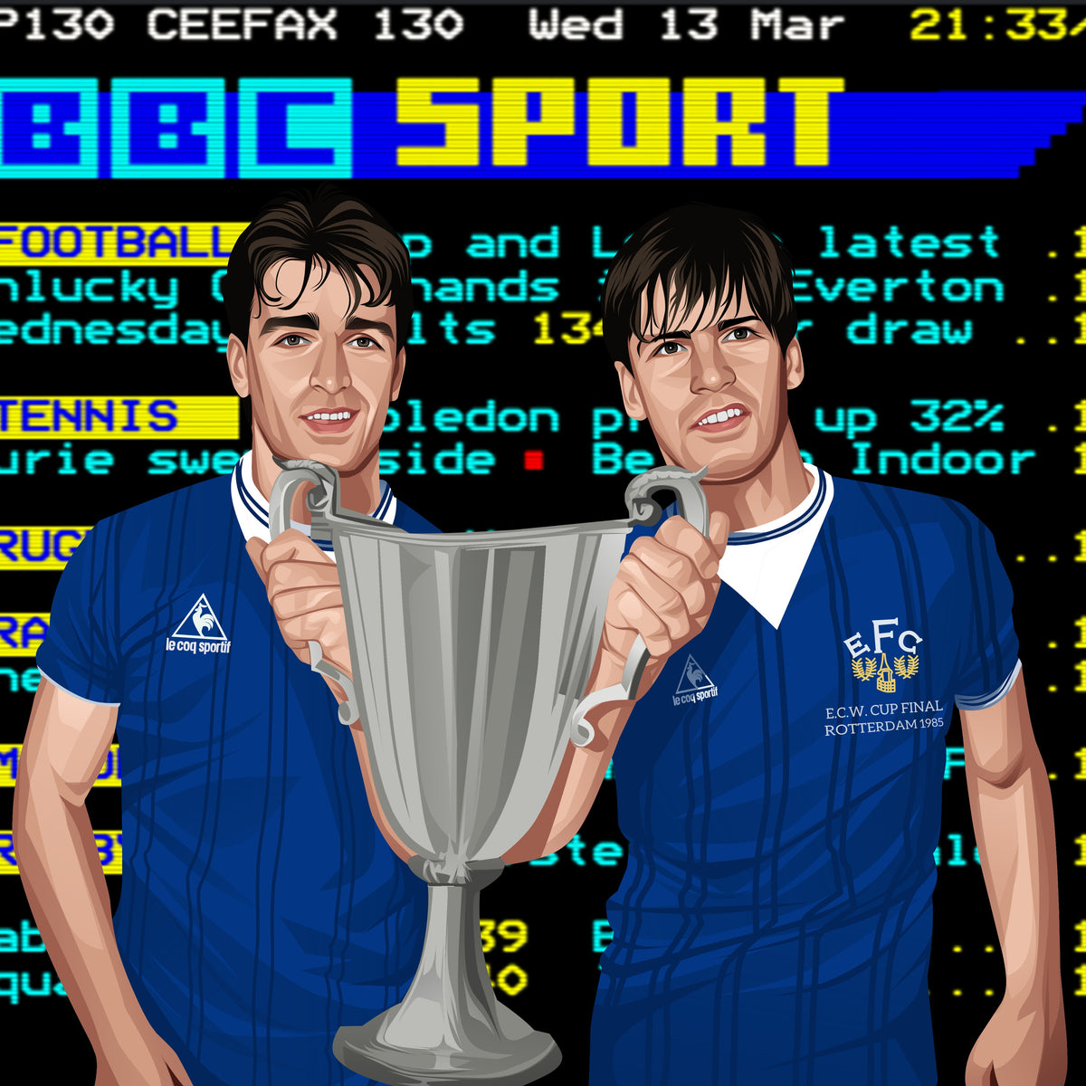 Retrotext The 80s Team book cover featuring two Everton players holding a trophy against a vintage Ceefax background