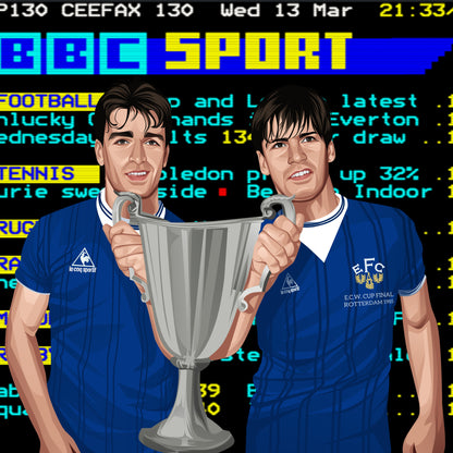 Retrotext The 80s Team book cover featuring two Everton players holding a trophy against a vintage Ceefax background