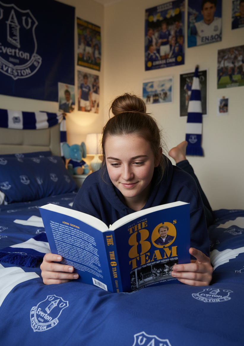 A young woman reading the Retrotext The 80s Team Goodbye Goodison Park paperback book in an Everton themed bedroom.