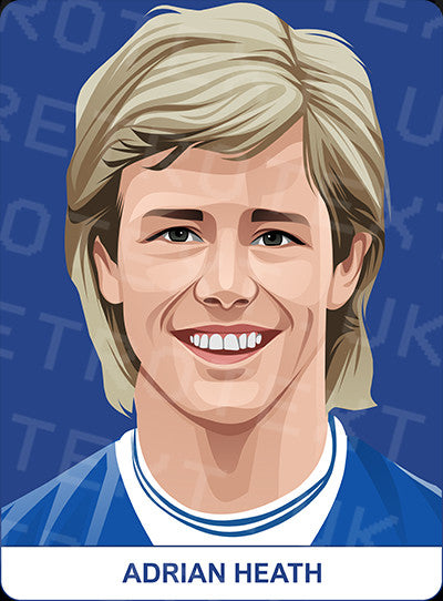 Retrotext Everton mug featuring a detailed illustration of Adrian Heath in a blue kit against a blue background