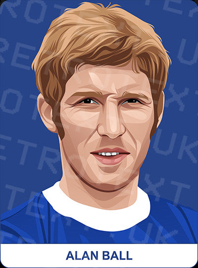 Retrotext Everton mug featuring a detailed illustration of legendary footballer Alan Ball in a blue kit