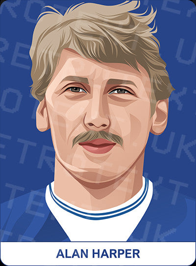 Retrotext Everton mug featuring a stylized illustration of Alan Harper with a blue background and white text