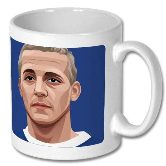 Retrotext Everton 1962-63 Alex Young ceramic mug featuring a blue and white illustrated portrait of the football legend.