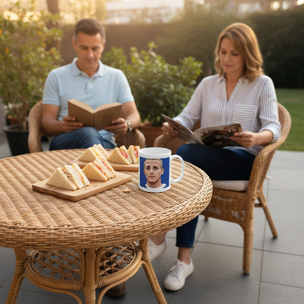 Retrotext 11oz ceramic mug featuring Alex Young on a table with sandwiches, with a couple reading in the background.