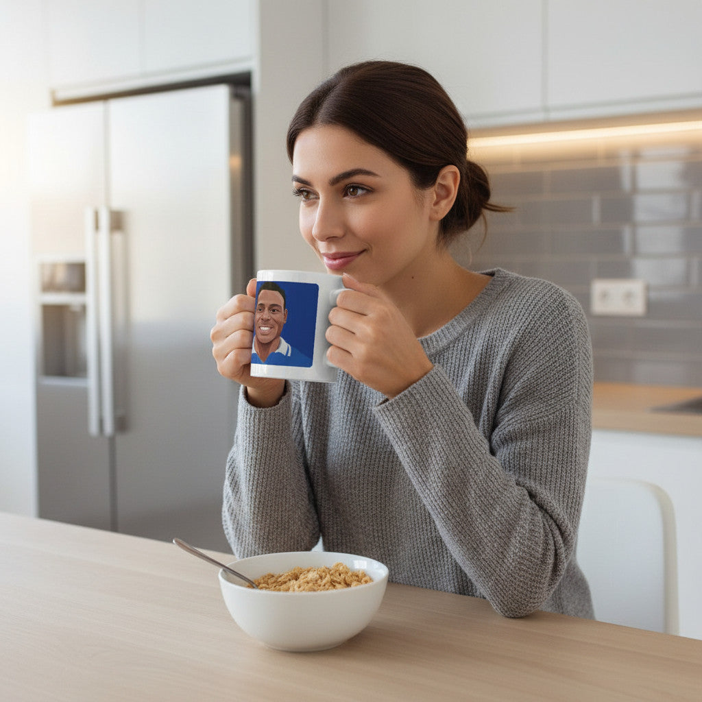 Woman holding a Retrotext Everton 1995 FA Cup Daniel Amokachi mug in a modern kitchen while eating breakfast