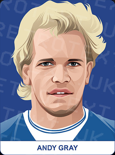 Retrotext Everton mug featuring a stylized illustration of Andy Gray on a blue background with his name printed below.