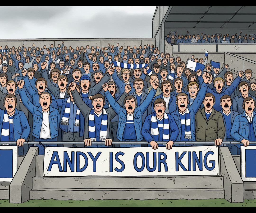 Retrotext Everton 1978 Andy King fan art illustration featuring a cheering crowd at Goodison Park with a banner