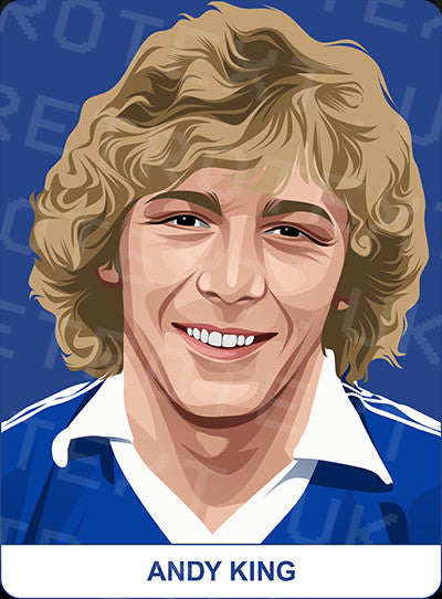 Retrotext Everton mug featuring a detailed illustration of Andy King in a blue kit against a blue patterned background
