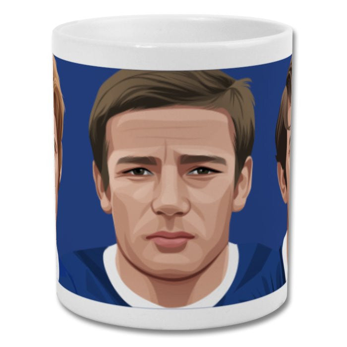 Retrotext Everton FC ceramic mug featuring a wraparound illustration of the legendary Ball, Harvey, and Kendall trio.