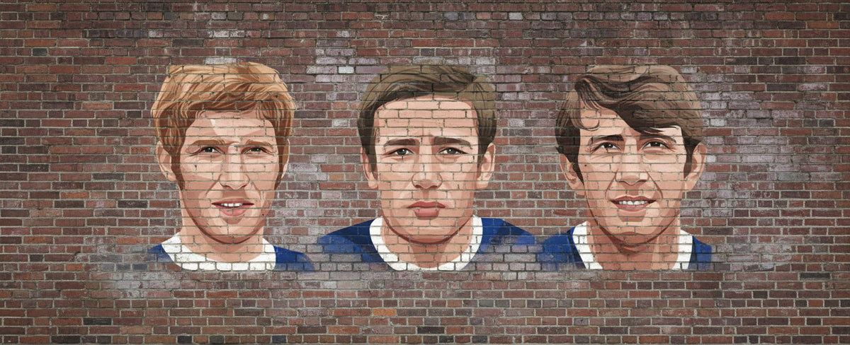 Retrotext Everton Ball, Harvey, Kendall mug featuring a wraparound illustration of the legendary midfield trio.