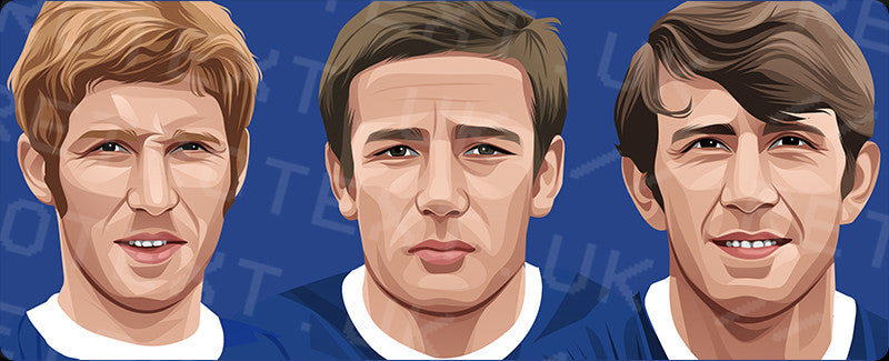 Retrotext Everton mug featuring a vibrant illustration of the legendary midfield trio Ball, Harvey, and Kendall.