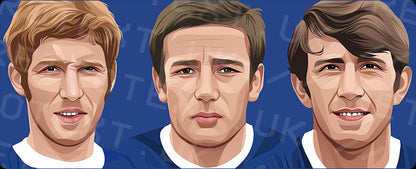 Retrotext Everton mug featuring a vibrant illustration of the legendary midfield trio Ball, Harvey, and Kendall.