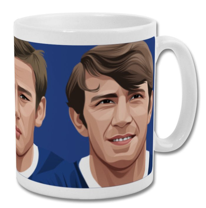 Retrotext Everton Ball Harvey Kendall ceramic mug featuring a vibrant blue wraparound illustration of the midfield trio