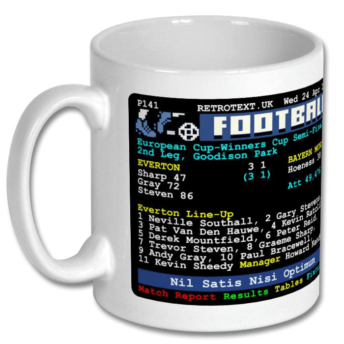 Retrotext white ceramic mug featuring an Everton 1985 European Cup Winners Cup teletext match report graphic