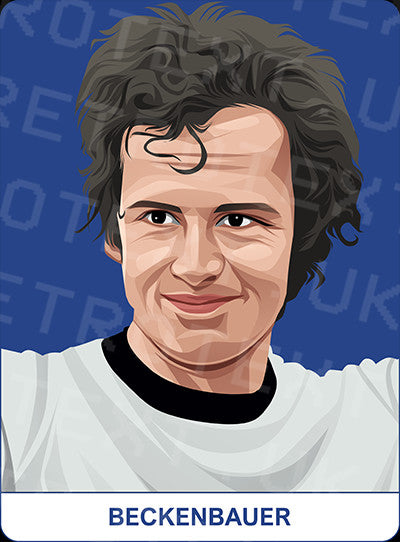 Retrotext Everton Goodison Park mug featuring a detailed illustration of Franz Beckenbauer on a blue background