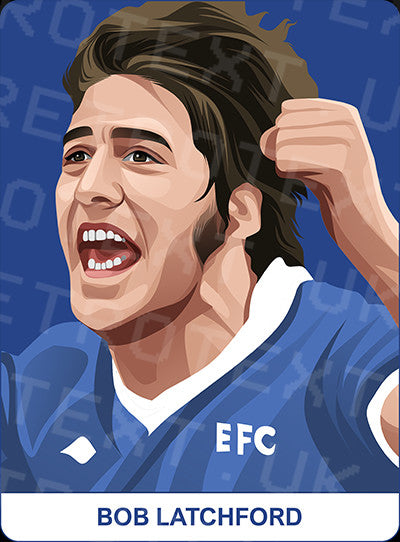 Retrotext Everton Bob Latchford illustration on a glossy white wraparound mug featuring a celebratory football player