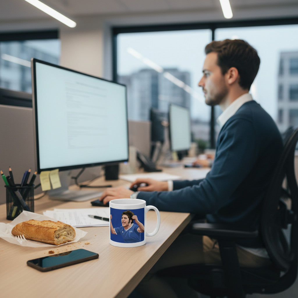 Retrotext Everton Bob Latchford 30 goals ceramic mug on an office desk next to a baguette and a smartphone.
