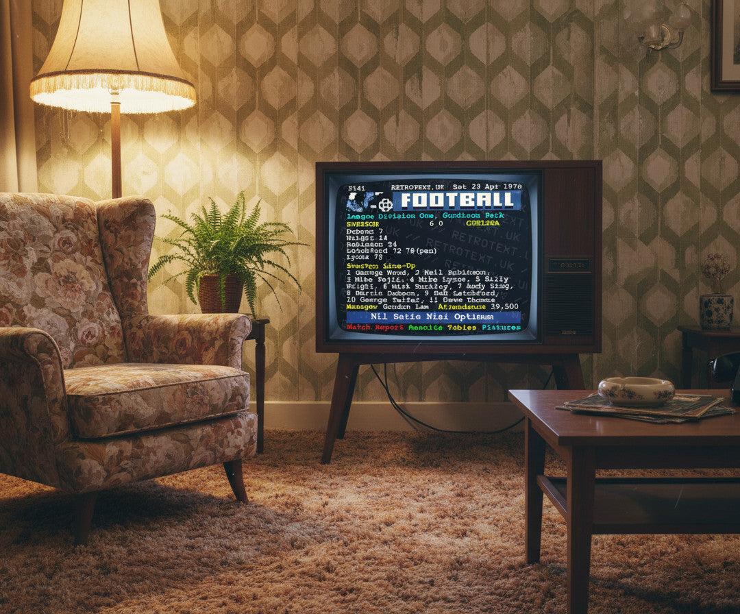 Retrotext Everton Bob Latchford 30 goals teletext mug featuring vintage football scores on a retro television screen