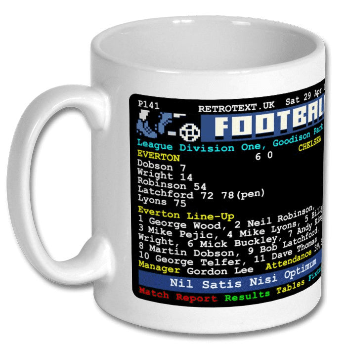 Retrotext Everton 1978 Bob Latchford 30 league goals ceramic mug featuring a vintage teletext match report design.