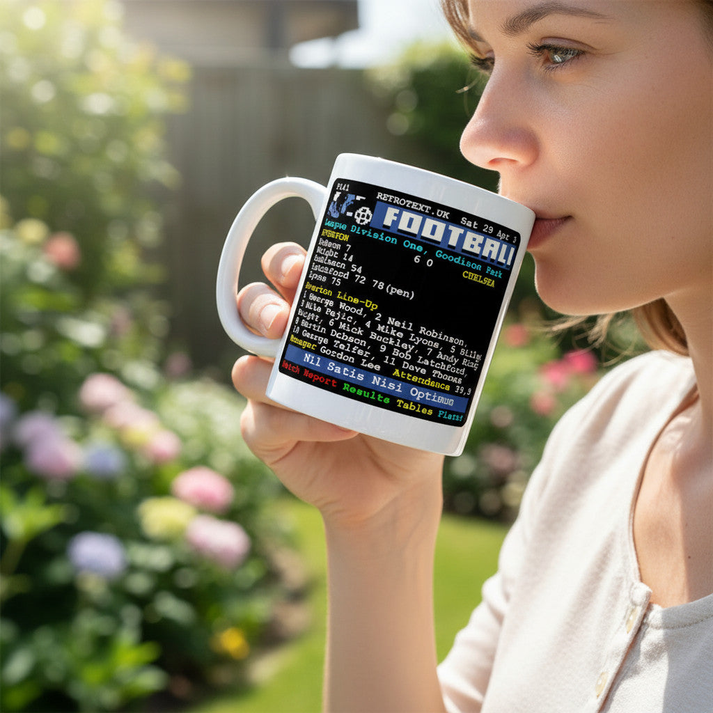 Retrotext Everton Bob Latchford 1978 teletext ceramic mug held by a woman in a garden