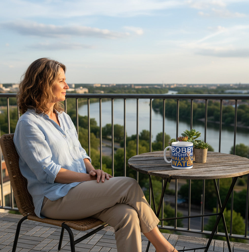 Retrotext Everton Bobby Latchford Walks On Water mug on a balcony table next to a woman looking at a river view