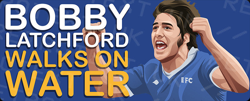 Retrotext Everton Bobby Latchford mug featuring a blue illustration of the footballer celebrating a goal