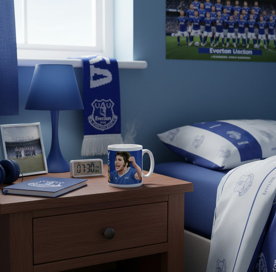 Retrotext Everton Bobby Latchford ceramic mug featuring a player illustration on a bedroom bedside table