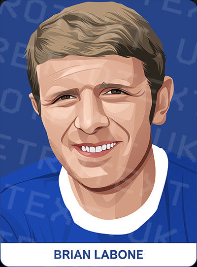 Retrotext Everton Goodison Park mug featuring a detailed illustration of Brian Labone on a blue background