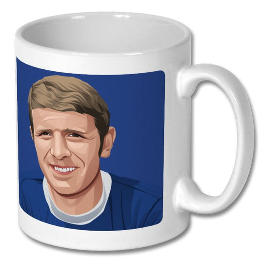 Retrotext 11oz glossy white mug featuring a graphic illustration of Everton captain Brian Labone in his blue kit.