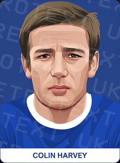 Retrotext Everton mug featuring a digital illustration of footballer Colin Harvey in a blue kit on a blue background
