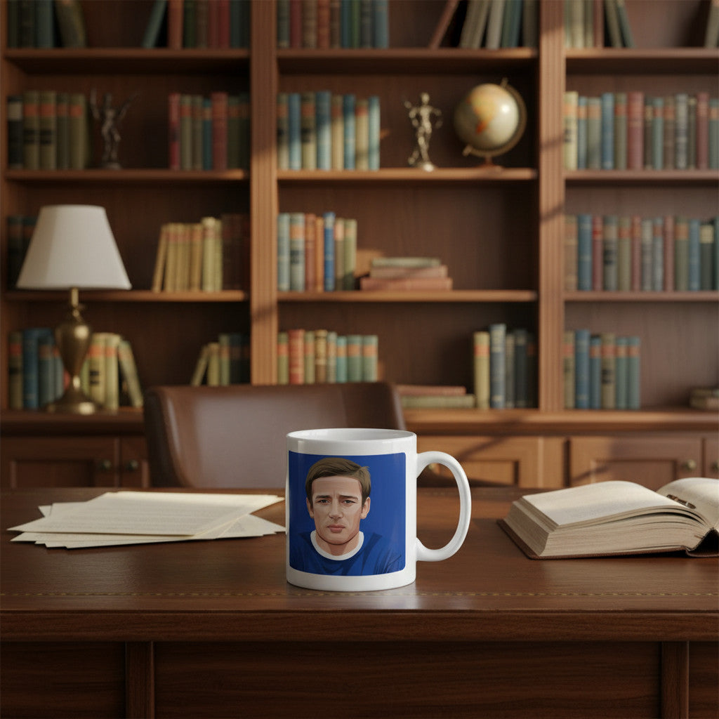 Retrotext Everton 1970 Division One Champions mug featuring a portrait of Colin Harvey on a glossy white ceramic base.
